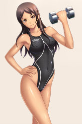 1girl armpits breasts brown_eyes brown_hair competition_swimsuit covered_erect_nipples cowboy_shot dark-skinned_female dark_skin dumbbell exercising face hand_on_own_hip highleg highleg_swimsuit highres kuri_(kurigohan) long_hair looking_at_viewer medium_breasts one-piece_swimsuit skin_tight solo speedo_(company) swimsuit training weightlifting rating:Questionable score:37 user:danbooru