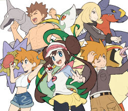  2boys 3girls abs bangs belt black_legwear blonde_hair blue_eyes blue_oak blush bow bright_pupils brock_(pokemon) brown_hair clenched_hands closed_mouth coat commentary_request creatures_(company) cynthia_(pokemon) double_bun eyes_closed fur-trimmed_coat fur_collar fur_trim game_freak garchomp gen_1_pokemon gen_4_pokemon gen_5_pokemon gonzarez grey_eyes hair_ornament hair_over_one_eye hair_tie hands_up holding holding_poke_ball jacket long_sleeves misty_(pokemon) multiple_boys multiple_girls navel nintendo one_eye_closed onix open_mouth orange_hair pants pantyhose pidgeot pink_bow poke_ball poke_ball_(basic) pokemon pokemon_(creature) pokemon_(game) pokemon_bw2 pokemon_dppt pokemon_hgss pokemon_lgpe pokemon_masters_ex raglan_sleeves rosa_(pokemon) serperior shirt shirtless short_hair short_shorts shorts side_ponytail simple_background smile spiked_hair starmie tank_top teeth tied_hair tongue twintails visor_cap white_background yellow_shorts 