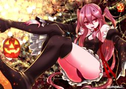  1girl :d ama_nocchi armpits black_footwear black_panties black_sleeves boots breasts cleavage detached_sleeves fangs hair_between_eyes krul_tepes long_hair long_sleeves looking_at_viewer miniskirt nail_polish open_mouth owari_no_seraph panties pink_hair pleated_skirt pointy_ears red_eyes red_nails sitting skirt small_breasts smile solo thigh_boots thighhighs twintails underwear very_long_hair white_skirt 