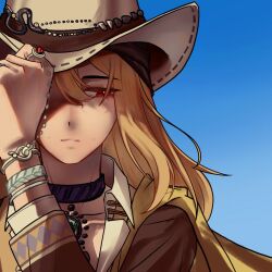  1girl black_choker blonde_hair blue_background bracelet brown_hat brown_jacket choker cowboy_hat facing_viewer gem gradient_background hand_on_headwear hand_up hat highres jacket jewelry long_hair looking_to_the_side mole_beside_mouth official_alternate_costume parted_lips portrait red_eyes red_gemstone reverse:1999 ring shawl shirt solo tennant_(reverse:1999) tennant_(roaming_in_delhi)_(reverse:1999) white_shirt yellow_shawl zhixiang_huanxiang 