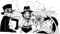  &gt;_&lt; +++ 3boys ascot card closed_eyes cloud coat commentary_request freckles gloves goggles goggles_on_headwear greyscale hat holding holding_card jewelry male_focus monkey_d._luffy monochrome multiple_boys necklace nishiponi one_piece pearl_necklace playing_card portgas_d._ace sabo_(one_piece) scar scar_on_face short_hair sitting smile straw_hat sweatdrop teeth topless_male wavy_hair 