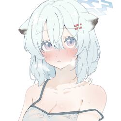  1girl animal_ear_fluff animal_ears bare_shoulders blue_archive blue_hair blush breasts camisole cleavage grey_hair hair_between_eyes hair_ornament hairclip halo highres light_blue_hair looking_at_viewer medium_breasts medium_hair off_shoulder parted_lips shigure_(blue_archive) simple_background solo sweat unot_227 upper_body white_background 