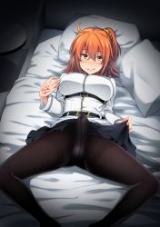  1futa ahoge bed bed_sheet belt belt_buckle black_panties black_skirt blush breasts buckle bulge clothes_lift command_spell crotch_seam cushion erection erection_under_clothes eyes_visible_through_hair fate/grand_order fate_(series) fujimaru_ritsuka_(female) futanari grin hair_between_eyes hand_tattoo ikeshita_moyuko indoors knees_apart_feet_together large_breasts lifting_own_clothes long_sleeves looking_at_viewer lying miniskirt nose_blush on_back on_bed panties panties_under_pantyhose pantyhose parted_lips penis pleated_skirt red_hair short_hair side_ponytail skirt skirt_lift smile smirk solo spread_legs table tattoo thighband_pantyhose tsurime underbust underwear yellow_eyes  rating:Explicit score:140 user:danbooru