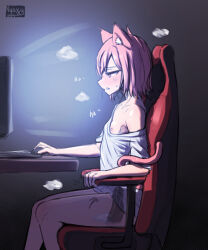 1girl 2023 animal_ear_fluff animal_ears artist_logo artist_name at_computer blush bottomless chair commentary computer dated dildo dildo_reveal dildo_riding english_commentary female_masturbation flat_chest fox_ears fox_girl gaming_chair highres indoors masturbation mouse_(computer) nipple_slip nipples nyaxxy object_insertion parted_lips red_hair sex_toy shirt short_hair signature sitting solo steam steaming_body swivel_chair white_shirt rating:Explicit score:258 user:danbooru