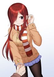  brown_eyes erza_scarlet fairy_tail holding_hands jacket jewelry long_hair red_hair ring scarf skirt smile solo pantyhose  rating:Sensitive score:18 user:titaniakh