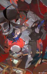  1boy arsene_(persona_5) beads black_pants black_sleeves blue_eyes blue_gloves blue_hair boots buttons closed_mouth collar collarbone collared_jacket curtains expressionless fox_mask fox_tail from_behind full_body gloves grey_jacket gslkey highres hourglass jacket kitagawa_yuusuke knee_boots leaning_back long_sleeves looking_at_viewer male_focus mask mask_on_head pants persona persona_5 picture_frame puffy_long_sleeves puffy_sleeves ribbon-trimmed_collar ribbon_trim short_hair solo tail weibo_watermark white_collar white_footwear white_mask 