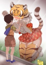  1boy 1girl :3 :d against_glass animal_ear_fluff animal_ears animal_print between_breasts blonde_hair blush boots breast_press breasts breasts_on_glass commentary_request cum elbow_gloves extra_ears fang full_body garter_straps gloves hair_between_eyes heavy_breathing hetero highres kemono_friends kneeling large_breasts looking_at_another necktie necktie_between_breasts open_mouth orange_eyes orange_skirt paw_pose plaid plaid_neckwear plaid_skirt plaid_trim premature_ejaculation print_gloves print_legwear shirt short_hair short_sleeves shorts shota size_difference skindentation skirt smile tail tanaka_kusao thighhighs tiger_(kemono_friends) tiger_ears tiger_print tiger_tail white_footwear white_shirt zettai_ryouiki  rating:Explicit score:273 user:danbooru