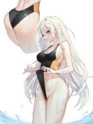  1girl absurdres ass bare_arms bare_shoulders black_one-piece_swimsuit breasts chukibabo2 cleavage clothes_lift commission competition_swimsuit frontal_wedgie frown groin highres korean_commentary large_breasts lifted_by_self long_hair looking_at_viewer multiple_views navel one-piece_swimsuit original parted_lips red_eyes revision sideboob simple_background standing stomach swimsuit swimsuit_lift taut_clothes taut_swimsuit thighs very_long_hair wading water wedgie wet white_background white_hair  rating:Sensitive score:50 user:danbooru