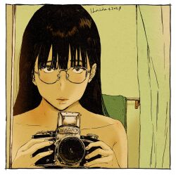  1girl black_hair camera collarbone commentary couhaida dated glasses green_towel highres holding holding_camera long_hair mirror original out-of-frame_censoring parted_lips selfie signature solo topless towel 