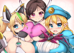 3girls blonde_hair blue_eyes blush breast_press breasts brown_hair character_request gene_(pso2) happy heart heart-shaped_pupils huge_breasts impossible_clothes izumi_rina kurokaze_no_sora looking_at_viewer multiple_girls phantasy_star phantasy_star_online_2 pink_eyes pointy_ears robot_ears smile sweatdrop symbol-shaped_pupils twintails rating:Questionable score:32 user:imus