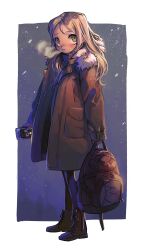  1girl absurdres backpack bag blonde_hair blush boots breath cellphone coat full_body fur-trimmed_coat fur_trim green_eyes highres long_hair looking_at_viewer original parted_lips phone robomb smartphone snowing solo sweater turtleneck turtleneck_sweater winter_clothes 