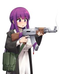  1girl :o absurdres ak-47 assault_rifle black_robe breasts commentary dress english_commentary fern_(sousou_no_frieren) gun highres holding holding_gun holding_weapon hooded_robe jestami kalashnikov_rifle large_breasts long_hair long_sleeves open_clothes open_mouth open_robe pouch purple_eyes purple_hair rifle robe signature simple_background smoke smoking_gun solo sousou_no_frieren trigger_discipline weapon white_background white_dress 
