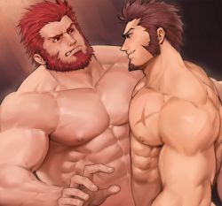 2boys abs bara beard blue_eyes brown_hair completely_nude dopq facial_hair fate/grand_order fate/zero fate_(series) highres iskandar_(fate) large_pectorals long_sideburns male_focus manly multiple_boys muscular napoleon_bonaparte_(fate) nipples nude paid_reward_available pectorals red_hair scar short_hair sideburns simple_background yaoi  rating:Explicit score:5 user:Cutebara