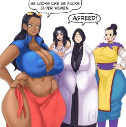  4girls areola_slip black_eyes black_hair black_kimono bleach braid breasts chi-chi_(dragon_ball) chinese_clothes cleavage collarbone covered_erect_nipples curvy dragon_ball earrings female_focus forehead_protector front_braid hair_between_breasts hand_on_own_hip huge_breasts ignotoz japanese_clothes jewelry kimono large_areolae large_breasts long_hair mature_female multiple_girls naruto naruto_(series) navel nico_robin ninja nipples no_bra one_piece open_mouth plump puffy_nipples shinigami simple_background smile standing stomach sunglasses talking thick_thighs thighs trait_connection unohana_retsu wide_hips yuuhi_kurenai 