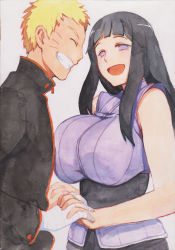 1boy 1girl 774_(nanashi) absurdres bad_id bad_pixiv_id bandaged_arm bandages bare_shoulders black_hair blonde_hair blush breasts couple closed_eyes facial_mark grin happy hetero highres hime_cut holding_hands huge_breasts hyuuga_hinata interlocked_fingers long_hair naruto:_the_last naruto_(series) open_mouth purple_eyes short_hair simple_background sleeveless smile spiked_hair standing traditional_media uzumaki_naruto whiskers rating:Questionable score:53 user:dmysta3000