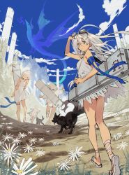 4girls absurdres animal aqua_eyes armband arms_behind_back bare_shoulders blue_armband blue_sky broken case cloud dog dragon dress closed_eyes fire fire flower goggles goggles_on_head grass grey_dress grey_footwear grey_hair hair_between_eyes hand_on_goggles hand_on_own_arm highres looking_at_viewer looking_back mountain multiple_girls open_mouth original outdoors parted_lips pillar running sasami_(ki) scenery short_hair sky smile teeth thigh_strap tongue tongue_out torn torn_wings upper_teeth_only walking white_flower wings rating:General score:6 user:danbooru