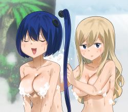  2girls bath bathing blonde_hair blue_eyes blue_hair blush breasts cleavage closed_eyes closed_mouth colorized convenient_censoring dripping eden&#039;s_zero foam gaston18 half-closed_eyes highres labilia_christy large_breasts long_hair mashima_hiro multiple_girls nude open_mouth rebecca_bluegarden same-sex_bathing shared_bathing wet  rating:Sensitive score:23 user:Gonchi10