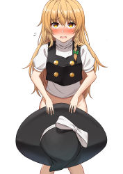 1girl absurdres black_hat black_vest blonde_hair blush bottomless bow braid breasts buttons commentary_request covering_crotch covering_privates covering_with_clothes cropped_vest double-breasted embarrassed exhibitionism green_bow groin hair_bow hat hat_bow highres hip_focus kirisame_marisa knees_together_feet_apart long_hair looking_at_viewer medium_breasts no_panties no_pants public_indecency shirt short_sleeves single_braid solo standing tearing_up touhou very_long_hair vest wavy_hair white_bow white_shirt witch witch_hat yamajun_(junyamaekaki) yellow_eyes rating:Sensitive score:61 user:danbooru