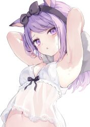  1girl animal_ears armpits arms_behind_head arms_up babydoll bare_shoulders black_bow blush bow bow_headband bra breasts empire_waist frills furrowed_brow highres holding horse_ears horse_girl lace light_blush long_hair looking_at_viewer mejiro_mcqueen_(umamusume) navel nyorotono_(amafurashi) open_mouth purple_eyes purple_hair see-through simple_background small_breasts solo sweat sweatdrop swept_bangs towel umamusume underwear unfinished upper_body white_background white_bra 