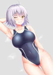 1girl ahoge alternate_costume arm_behind_head arm_up bare_arms bare_shoulders black_one-piece_swimsuit blush breasts brown_eyes commentary_request competition_swimsuit dutch_angle fate/grand_order fate_(series) gluteal_fold grey_background grin groin hair_between_eyes highleg highleg_swimsuit highres jeanne_d&#039;arc_(fate) jeanne_d&#039;arc_alter_(avenger)_(fate) jeanne_d&#039;arc_alter_(fate) large_breasts one-piece_swimsuit one_eye_closed short_hair silver_hair simple_background smile solo swimsuit wet yuunagi_(0217)  rating:Sensitive score:23 user:danbooru