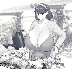  1girl blurry blurry_background breasts bush cleavage collarbone dot_nose dress erkaz female_focus flower garden highres holding holding_watering_can huge_breasts monochrome original outdoors rina_atherina shirt smile solo water watering_can  rating:Sensitive score:28 user:Orphan_crippler