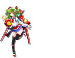  1girl beatmania beatmania_iidx black_thighhighs blunt_bangs blush bomb bombergirl bombergirl573 closed_mouth explosive green_hair hishimiya_tsugaru holding holding_bomb long_sleeves looking_at_viewer medium_hair official_art over-kneehighs red_eyes short_twintails smile solo thighhighs timer transparent_background twintails white_footwear 