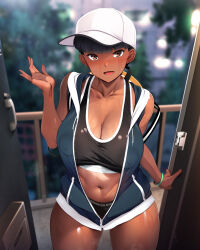  1girl :d absurdres amagasa_higasa black_hair black_panties blue_jacket blurry blurry_background blush breasts brown_eyes cleavage collarbone commentary_request covered_erect_nipples cowboy_shot dark-skinned_female dark_skin hand_up highres jacket large_breasts looking_at_viewer navel open_mouth original panties partially_unzipped short_hair sleeveless sleeveless_jacket smile solo standing stomach sweat thighs underwear  rating:Questionable score:7 user:danbooru