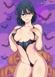  1girl alternate_costume bare_shoulders bat_(animal) black_hair blue_eyes breasts breasts_apart clothing_request cloud collarbone commentary_request contrapposto hair_between_eyes halloween jack-o&#039;-lantern kill_la_kill large_breasts matoi_ryuuko multicolored_hair navel parted_lips pink_background pumpkin purple_background red_eyes redjet revealing_clothes shiny_skin short_hair smile solo standing teeth thighhighs two-tone_hair watermark web_address  rating:Questionable score:25 user:danbooru