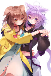  2girls absurdres ahoge animal_ears black_collar black_sweater blue_bow blush bow brown_hair buttons cat_ears cat_girl cat_tail closed_mouth coat collar dog_ears dog_girl dress glaring grin hand_on_another&#039;s_back hand_on_another&#039;s_shoulder highres holding_hands hololive hood hood_down inugami_korone inugami_korone_(1st_costume) long_sleeves looking_at_viewer midriff multiple_girls nekomata_okayu nekomata_okayu_(1st_costume) open_clothes open_coat puffy_sleeves purple_eyes purple_hair purple_nails red_bow red_collar smile sugisoar sweater tail virtual_youtuber white_background white_dress yellow_coat yellow_eyes 