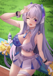  ;d absurdres alternate_costume arm_up blue_archive blush breasts cheerleader cleavage grass grey_hair headgear hidel highres large_breasts long_hair looking_at_viewer midriff millennium_cheerleader_outfit_(blue_archive) miniskirt no_halo noa_(blue_archive) on_bench one_eye_closed open_mouth pleated_skirt pom_pom_(cheerleading) purple_eyes sitting skirt smile straight_hair thigh_strap very_long_hair 