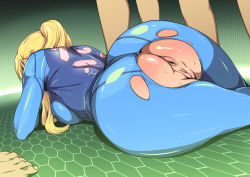 1girl after_rape anus ass backboob blonde_hair bodysuit breasts censored from_behind greco_roman_(spiral_brain) highres huge_ass humiliation large_breasts legs long_hair lying metroid nintendo no_panties on_stomach ponytail pussy samus_aran simple_background standing sweat thighs toes torn_clothes zero_suit rating:Explicit score:208 user:Ynyswydryn