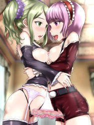  2futa artificial_vagina bare_shoulders belt black_legwear black_panties blush breasts center_opening futa_with_futa futanari garter_belt green_eyes green_hair hairband hug lactation large_breasts multiple_futa myu-po nipples open_mouth original panties penis penises_touching pink_hair purple_eyes saliva sex_toy shared_artificial_vagina shared_object_insertion short_hair shorts small_breasts small_penis sounding thighhighs tongue tongue_out twintails underwear urethral_beads urethral_insertion vibrator  rating:Explicit score:294 user:danbooru