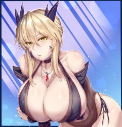 arms_under_breasts artoria_pendragon_(fate) artoria_pendragon_(lancer_alter)_(fate) bikini blue_background blush bra breasts choker cleavage detached_sleeves fate/grand_order fate_(series) highres hirasawa_seiji horns huge_breasts jewelry necklace one-piece_swimsuit panties platinum_blonde_hair side-tie_panties sling_bikini_top solo swimsuit tongue tongue_out underwear yellow_eyes rating:Questionable score:77 user:danbooru