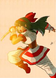  1girl absurdres ainu_clothes angry black_hair breasts brown_eyes feet fingerless_gloves gloves glowing hair_ribbon highres incoming_attack leg_lift leg_up legs long_hair marvel_vs._capcom marvel_vs._capcom_2 medium_breasts nakoruru official_style open_mouth pants ribbon samurai_spirits shinzankuro shoes sideboob snk solo the_king_of_fighters thighs traditional_media weapon 