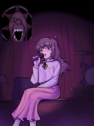  2girls black_ribbon brown_hair commentary drum fan_screaming_at_madison_beer_(meme) fear_&amp;_hunger fear_&amp;_hunger_2:_termina frilled_shirt_collar frills hand_on_lap hand_up highres holding holding_microphone instrument long_hair long_skirt long_sleeves luigi_is_thicc marina_(fear_&amp;_hunger) meme microphone monsterification multiple_girls neck_ribbon one-eyed open_mouth parted_lips pink_skirt ribbon samarie_(fear_&amp;_hunger) screaming shirt sitting skirt socks stage teeth white_shirt white_socks 