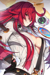  1girl 1other ahoge ankh_print belt black_belt black_gloves black_straps blush breasts broken_halo closed_mouth collared_shirt colored_inner_hair commentary_request contrapposto from_below front_slit gloves glowing green_eyes grey_hair guilty_gear hair_between_eyes halo hand_on_own_hip highres jack-o&#039;_valentine jewelry large_breasts long_hair long_sleeves looking_at_viewer looking_down migumigu multicolored_clothes multicolored_gloves multicolored_hair necklace open_clothes open_shirt pointy_hair red_gloves red_hair robot shirt smile solo sparkle too_many too_many_belts twitter_username two-tone_gloves two-tone_hair watermark white_background white_shirt white_sleeves wide_sleeves yellow_halo 