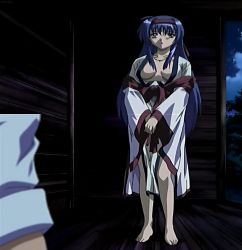  1boy 1girl amaterasu_(izumo) blue_hair bow breasts cleavage feet green_eyes hair_bow highres izumo japanese_clothes jewelry large_breasts legs long_hair miko necklace night open_mouth stitched thighs third-party_edit touma_hikaru  rating:Sensitive score:4 user:spk