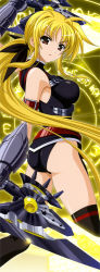  00s 1girl absurdres ahoge arm_strap arm_up armor ass axe bardiche_(nanoha) bardiche_(riot_blade_ii)_(nanoha) bare_shoulders belt black_thighhighs blonde_hair bodysuit breasts buckle dual_wielding energy_weapon fate_testarossa fate_testarossa_(true_sonic_form) floating_hair from_side gauntlets glowing hair_ribbon halterneck higa_yukari highres holding large_breasts legs_apart leotard long_hair long_image looking_at_viewer looking_back low_ponytail lyrical_nanoha magic_circle magical_girl mahou_senki_lyrical_nanoha_force mahou_shoujo_lyrical_nanoha_strikers official_art parted_lips polearm ponytail red_eyes ribbon runes scan serious sidelocks solo tall_image thigh_strap thighhighs turtleneck very_long_hair weapon  rating:Questionable score:21 user:danbooru