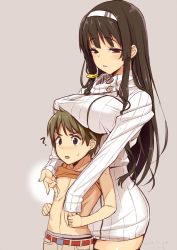 1boy 1girl ? age_difference belt black_eyes black_hair braid breast_rest breasts breasts_on_head buttons clothes_lift dated gin_(ginshari) green_hair hairband large_breasts long_hair nipples original ribbed_sweater shirt_lift shota simple_background size_difference standing sweatdrop sweater thighhighs topless turtleneck very_long_hair white_hairband white_sweater zettai_ryouiki rating:Questionable score:39 user:danbooru