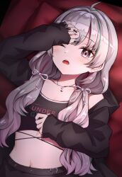  1girl absurdres belt black_belt black_bustier black_hoodie black_nails black_shorts clothes_writing crop_top grey_eyes grey_hair hair_over_shoulder hair_ribbon highres hood hoodie ishigami_nozomi ishigami_nozomi_(2nd_costume) jewelry long_hair long_sleeves looking_at_viewer low_twintails lying multicolored_hair navel necklace neit_ni_sei nijisanji official_alternate_costume official_alternate_hairstyle on_back one_eye_closed open_mouth pillow red_hair ribbon shorts sleeves_past_wrists solo stomach streaked_hair tears twintails virtual_youtuber white_ribbon 