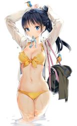  10s 1girl 2016 anmi black_hair blue_eyes blush breasts cleavage long_hair looking_at_viewer navel ponytail simple_background solo standing swimsuit wet  rating:Sensitive score:27 user:a-otaku