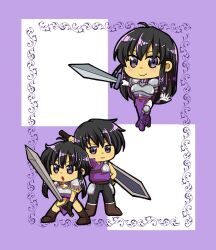  1boy 2girls :o armor ayra_(fire_emblem) bad_source black_hair boots breastplate brother_and_sister chibi family fighting_stance fire_emblem fire_emblem:_genealogy_of_the_holy_war gloves highres holding holding_sword holding_weapon larcei_(fire_emblem) long_hair looking_at_viewer mother_and_daughter mother_and_son multiple_girls nintendo okame_inco_feh purple_tunic scathach_(fate) short_hair shoulder_armor siblings sidelocks simple_background smile sword tomboy tunic weapon 