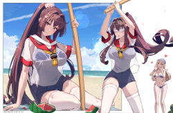  2girls alternate_costume baseball_cap beach beach_towel bikini blonde_hair blue_bikini blue_one-piece_swimsuit blue_sky bokken breasts brown_hair closed_mouth cloud covered_navel food fruit hair_intakes hat highres himeyamato iowa_(kancolle) kantai_collection large_breasts legs_apart long_hair multiple_girls ocean one-piece_swimsuit parted_bangs planted planted_sword planted_weapon red_eyes sand see-through see-through_shirt shouting_with_hands sidelocks sitting sky standing suikawari swimsuit swimsuit_under_clothes sword thighhighs towel two-tone_bikini very_long_hair watermelon weapon white_bikini white_blindfold white_thighhighs wooden_sword yamato_(kancolle) yokozuwari 