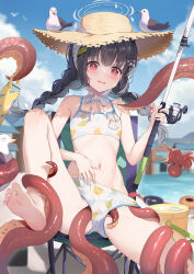 1girl animal barefoot bikini bird black_hair blue_archive blue_sky braid brown_hat cloud day fishing_rod flat_chest halo hat highres hokori_sakuni holding holding_fishing_rod leaf leaf_on_head leaf_print long_hair looking_at_viewer miyu_(blue_archive) miyu_(swimsuit)_(blue_archive) navel octopus official_alternate_costume open_mouth print_bikini red_eyes sky soles solo straw_hat swimsuit tentacles toes twin_braids wavy_mouth white_bikini white_halo rating:Questionable score:47 user:danbooru