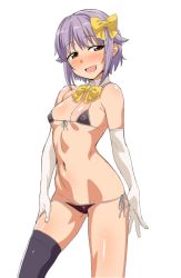10s 1girl :d bad_id bad_pixiv_id bikini blush bow breasts brown_eyes cleavage covered_erect_nipples cowboy_shot detached_collar elbow_gloves gloves grey_hair grey_thighhighs hair_bow idolmaster idolmaster_cinderella_girls koshimizu_sachiko loliconder micro_bikini navel open_mouth short_hair simple_background single_thighhigh small_breasts smile solo string_bikini swimsuit thighhighs white_background rating:Questionable score:44 user:danbooru