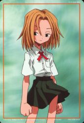  1girl bare_legs black_eyes card_(medium) clothes_lift copyright_name expressionless floating_hair japanese_text kyouyama_anna light_brown_hair non-web_source official_art scan school_uniform shaman_king simple_background skirt skirt_lift solo xebec 