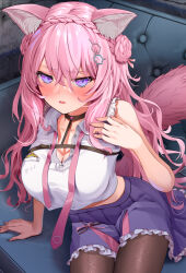 1girl animal_ear_fluff animal_ears arm_support bare_arms belt black_belt black_choker black_ribbon blush braid braided_bun breasts brown_pantyhose chest_belt choker cleavage collarbone collared_shirt couch crop_top crop_top_overhang crown_braid double_bun fingernails frilled_shirt frilled_skirt frills hair_between_eyes hair_bun hair_ribbon hakui_koyori heart heart_choker hexagon_hair_ornament highres hololive indoors large_breasts long_bangs long_hair looking_at_viewer midriff_peek nail_polish necktie on_couch open_mouth pantyhose pink_hair pink_nails pink_necktie pink_ribbon pink_skirt pink_tail pleated_skirt pocket_watch purple_eyes purple_skirt ribbon shirt sitting skirt sleeveless sleeveless_shirt solo sweat tail takahira_(takahirac562) thighs two-tone_skirt unbuttoned unbuttoned_shirt undone_necktie virtual_youtuber watch white_shirt wolf_ears wolf_girl wolf_tail rating:Sensitive score:16 user:danbooru