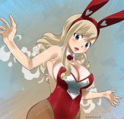  1girl animal_ears blonde_hair blue_eyes breasts brown_pantyhose cleavage colorized detached_collar eden&#039;s_zero gaston18 highres large_breasts leotard long_hair mashima_hiro pantyhose playboy_bunny rabbit_ears rebecca_bluegarden wide_hips  rating:Questionable score:40 user:sweet213