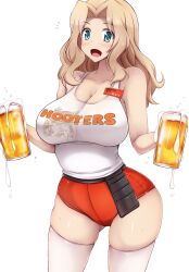  1girl :d alcohol alternate_legwear beer beer_mug blonde_hair blue_eyes breasts cleavage clothes_writing commentary_request cup curvy employee_uniform girls_und_panzer holding holding_cup hooters huge_breasts kay_(girls_und_panzer) long_hair mug open_mouth short_shorts shorts smile solo tank_top uniform waitress yuzumiya_mono 