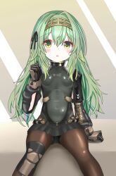  1girl armored_gloves black_bodysuit black_gloves black_ribbon blush bodysuit breasts gloves goddess_of_victory:_nikke green_eyes green_hair grey_leotard hair_between_eyes hair_ribbon hairband highres kilo_(nikke) langley1000 leotard long_hair long_sleeves looking_at_viewer metal_hairband open_mouth pantyhose pilot_suit ribbon skin_tight skirt small_breasts solo yellow_eyes 